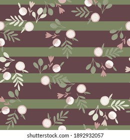 Seamless random pattern with white apples and leaves print. Green and purple striped background. Graphic design for wrapping paper and fabric textures. Vector Illustration.