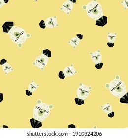 Seamless random pattern with white bear heads in tuxedo outfits. Light yellow background. Childish backdrop. Flat vector print for textile, fabric, giftwrap, wallpapers. Endless illustration.