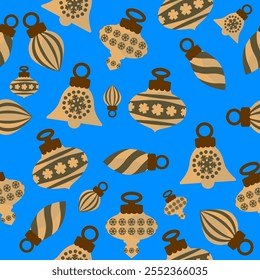 Seamless and random patterns of yellow Christmas ornaments on the blue background