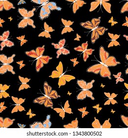 Seamless. Random white, orange and black butterflies cute pattern. Butterfly on white, orange and black background. Vector illustration. Simple feminine pattern for invitation, card, print.