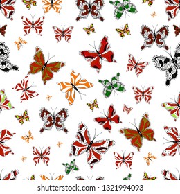Seamless. Random white, red and black butterflies cute pattern. Butterfly on white, red and black background. Simple feminine pattern for invitation, card, print. Vector illustration.