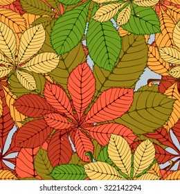 seamless randomly pattern made Isolated colored autumn chestnut leaves . vector illustration