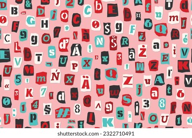 Seamless ransom pattern Collage style letters, numbers cut from newspapers and magazines Vintage ABC collection. Red white, black punk typeface Extended Latin alphabet Typography vector illustration.