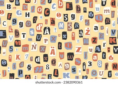 Seamless ransom pattern Collage style letters, numbers cut from newspapers and magazines Vintage ABC collection. Blue white, black punk typeface Extended Latin alphabet Typography vector illustration.