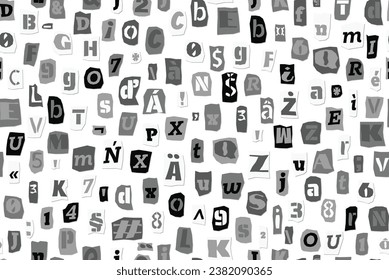 Seamless ransom pattern Collage style letters, numbers cut from newspapers and magazines. Vintage ABC collection. Black and white punk typeface Extended Latin alphabet Typography vector illustration.