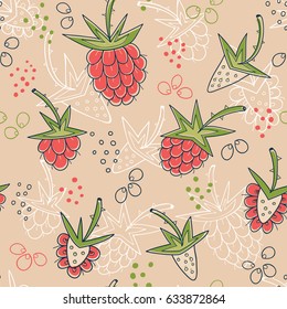 Seamless raspberries fruit background. Hand drawn linear art.