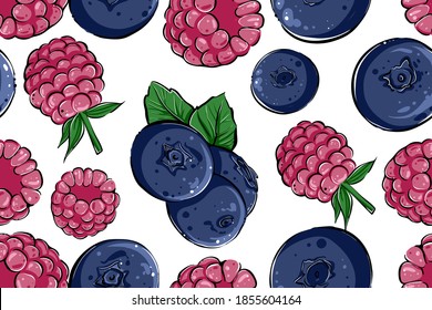 Seamless raspberry blueberry pattern, color, vector