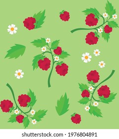 seamless raspberry bushes with flower pattern on the green background vector