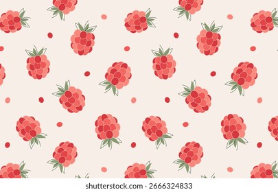 Seamless raspberry pattern, hand-drawn flat vector, red and pink berries with green leaves on cream background; perfect for fabric, wrapping paper, wallpaper, stationery, kids products, digital paper.