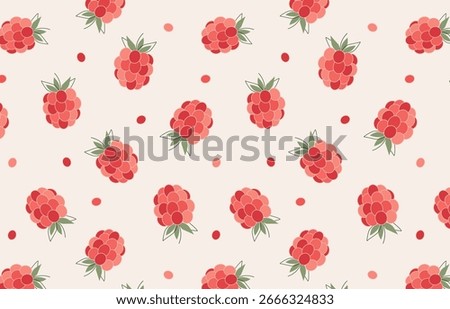 Seamless raspberry pattern, hand-drawn flat vector, red and pink berries with green leaves on cream background; perfect for fabric, wrapping paper, wallpaper, stationery, kids products, digital paper.