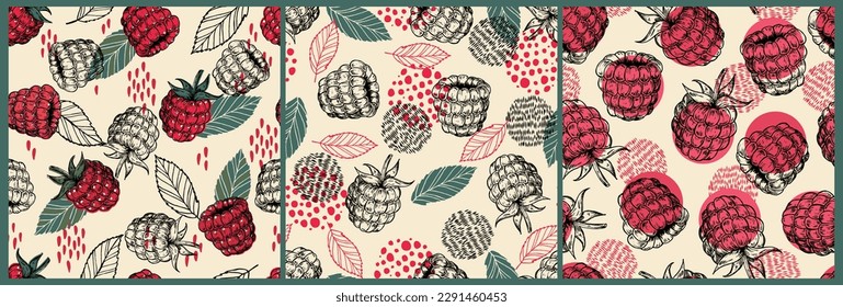 Seamless raspberry pattern set. Artistic texture. Vintage color. Vector design for paper, cover, fabric, interior decor and other uses