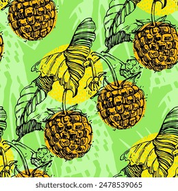 Seamless raspberry pattern with summer berries background. Spring cover, tropical wallpaper texture, backdrop, wedding invitation