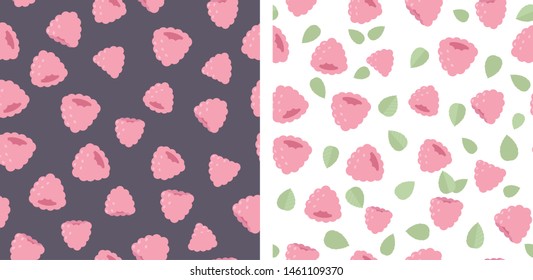 Seamless raspberry patterns. Two vector cartoon illustrations of pink berries.