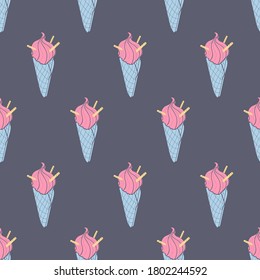 Seamless raspberry strawberry flavour ice cream cone pattern. Hand-drawn colorful summer food vector. Doodle ice-cream on gray background for kitchen, restaurant and food design. EPS 8