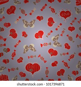 Seamless raster love pattern with hearts. Pattern for wrapping, cover, background, surface print. Vector illustration. Endless background with hand drawn figures on neutral, red and brown colors.