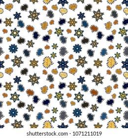 Seamless raster love pattern with hearts. Pattern for wrapping, cover, background, surface print. Vector. Endless background with hand drawn figures on white, blue, yellow, black and gray colors.