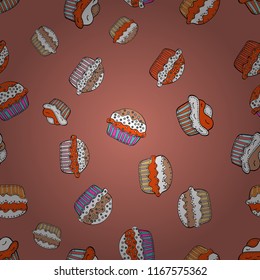 Seamless raster love pattern with hearts. Endless background with hand drawn figures on white, red and orange colors. Raster illustration. Pattern for wrapping, cover, background, surface print.