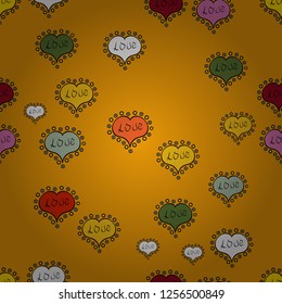 Seamless raster love pattern with hearts. Endless background with hand drawn figures on yellow, black and neutral colors. Vector illustration. Pattern for wrapping, cover, background, surface print.