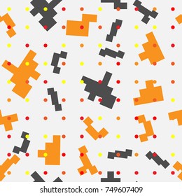 Seamless Raster of Pixel Art with Abstract Background Made of Geometric Shapes, Tetris Pixel Effect, 8 Bit Design, Ideal for Children Room Decoration, Wrapping, Baby Shower, Banners, Backgrounds