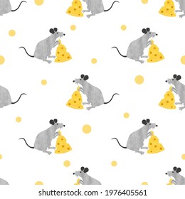 Seamless rat and cheese pattern. Vector watercolor mouse illustration
