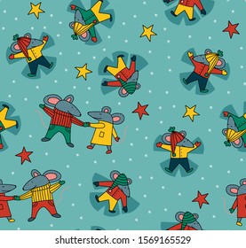 Seamless rats pattern. Christmas animals illustration. Cartoon. Fashion, fabric design, wallpaper, gift paper. Background. Symbol 2020. New year.