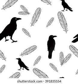 Seamless ravens and feathers. Vector silhouette of a crows in different positions.