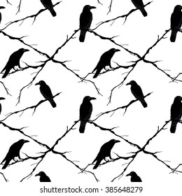 Seamless ravens and tree branches. Vector silhouette of a crows in different positions. Rook seamless pattern. Crows on tree branches. Silhouettes of crows.