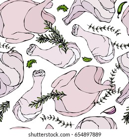 Seamless with Raw Chicken or Turkey and Herbs. Fresh Meat Food Pattern. Isolated On a White Background. Realistic Doodle Cartoon Style Hand Drawn Sketch Vector Illustration.