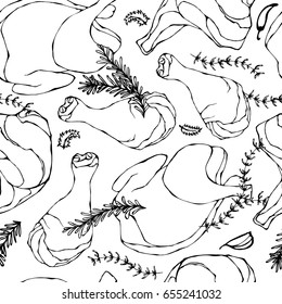 Seamless with Raw Chicken or Turkey and Herbs. Fresh Meat Food Pattern. Isolated On a White Background. Realistic Hand Drawn Sketch Vector Illustration. Savoyar Doodle Style.