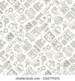 Seamless real estate line style pattern. Vector linear background with sale and rent buildings, house, flat and room.