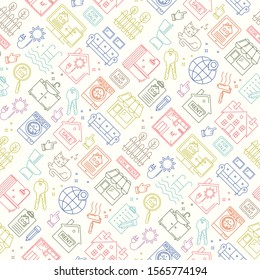 Seamless real estate line style pattern. Vector linear background with sale and rent buildings, house, flat and room.