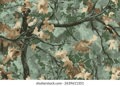 Seamless Real Tree Forest Camouflage Design for Hunting and Military Gear. Hunting camouflage background. Oak tree pattern