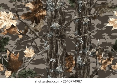 Seamless Real Tree Forest Camouflage Design for Hunting and Military Gear. Vector camo background. Digital camouflage. Abstract camo. Tree Pattern. Jungle texture