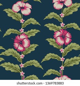 Seamless realicstic vector composition fabric pattern tropical design hibiscus, plumeria flowers and exotic leaves on the blue background