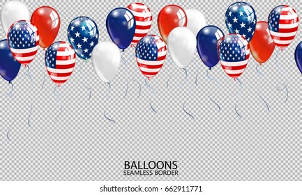 Seamless realistic ballon border on transparent background. USA patriotic colors ballons. Vector