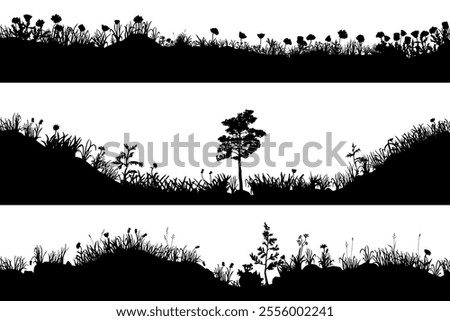 Seamless realistic black and white vector collection of 3 silhouettes of the ground with grass, flowers, trees on it. Hand drawn isolated illustrations for work, design, banners, landscapes.
