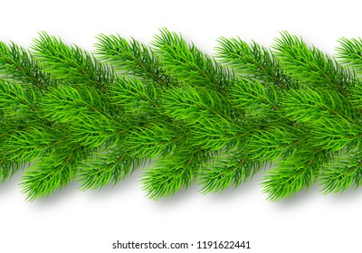 Seamless realistic Christmas garland from fir tree branches with shadow. Vector illustration for your design