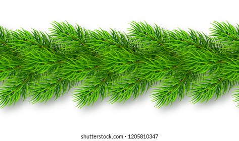 Seamless realistic Christmas garland from fir tree branches with shadow. Vector illustration for your design