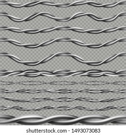 Seamless realistic electrical wires cables border. Flexible endless computer cord, telephone cable or power line. Isolated on transparent background. EPS 10