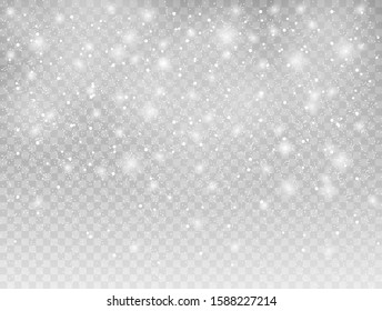 Seamless realistic falling snow or snowflakes in winter on grey transparent background. Vector Isolated Illustration EPS 10