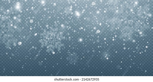 Nahtloser realistischer fallender Schnee. Schneeflocken, realistischer Weihnachtsschnee, fallender Schneeflocken, weißer Staub, Blasen. Transparentes Schneeflocken-Muster.