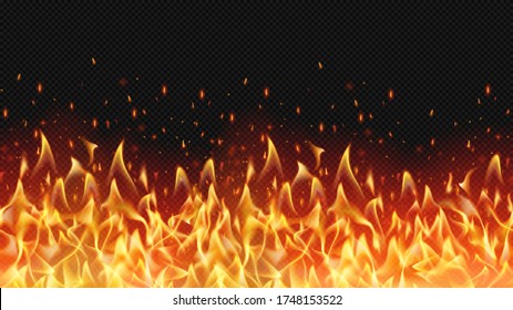 Seamless realistic fire border, flame warm design, hell decoration, texture danger bright, flaming inferno, vector illustration banner