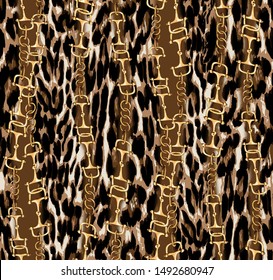 seamless realistic golden chains. vector of gold chains on leopard background