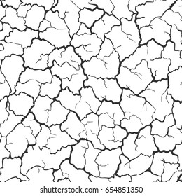 Seamless realistic pattern. Imitation print of dry soil of desert. Black crack on white background.