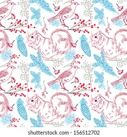 Seamless realistic pattern with squirrels and birds