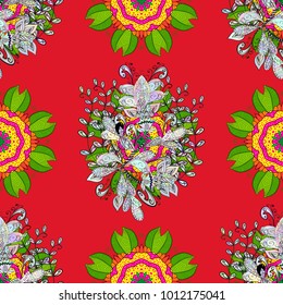 Seamless realistic red, green and neutral Leaves Pattern Background Bright Nature Foliage Movement for Poster. Leaves on red, green and neutral background. Vector illustration.