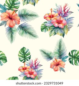 Seamless realistic vector botanical pattern. Watercolor tropical background. Watercolor pattern with exotic flowers