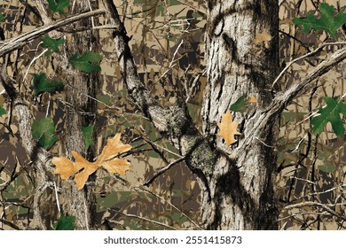 Um padrão de camuflagem de floresta Realtree sem costura para caçar e uniformes militares, com casca de árvore realista, galhos e folhagem