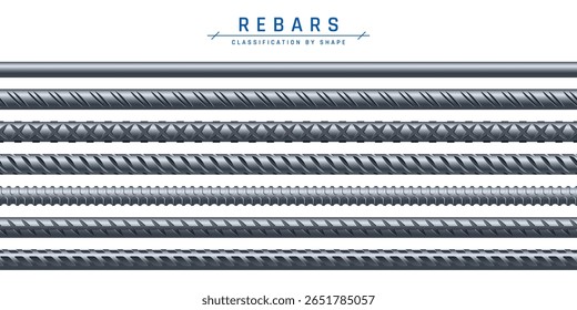 Varões sem costura. Conjunto de barras de aço com diferentes perfis. Hastes retas e lisas. Coleção de construção, classificação por forma. Ilustração vetorial isolada em um fundo branco.