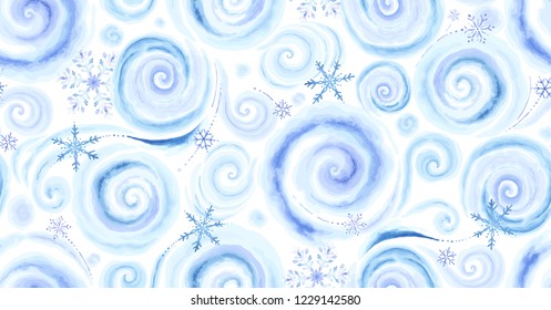 Seamless rectangle pattern with colorful snowflakes and winter blizzards in vintage watercolor style. Vector Christmas illustration blue, purple and turquoise colors on white background.